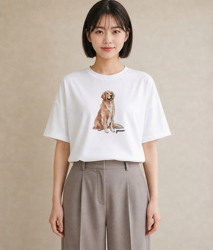 デザインTシャツ レディース ゴールデンレトリバー ゴールデン 犬 いぬ イラスト ラフカジュアル ペアコーデ 秋コーデ 白T YMAZO
