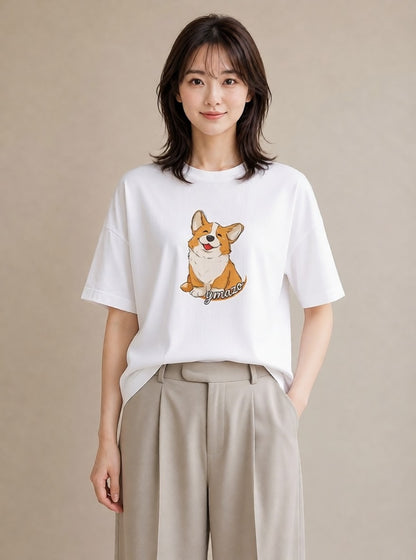 プリントTシャツ レディース ウェルシュコーギー コーギー 犬 いぬ イラスト ガーリー 送別ギフト 通勤 白T YMAZO
