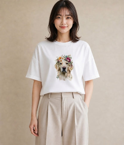 半袖Tシャツ レディース ゴールデンレトリバー ゴールデン 犬 いぬ イラスト シック 帰省 ラフ 白T YMAZO