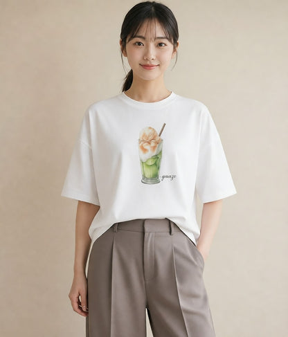 グラフィックTシャツ レディース カフェオレ 食べ物 フード イラスト ラフ 女性 旅行用 白T YMAZO