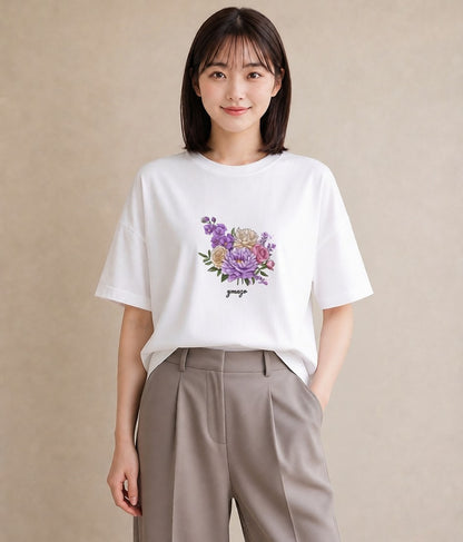 半袖Tシャツ レディース スミレ 花 花柄 イラスト 旅行コーデ デート 帰省 白T YMAZO