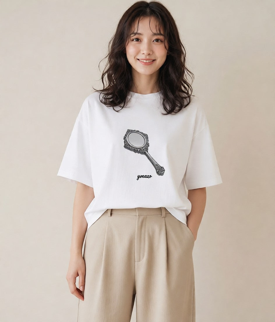 デザインTシャツ レディース 手鏡 アンティーク レトロ ナチュラル イラスト 個性的 自分用 ルームウェア 白T YMAZO