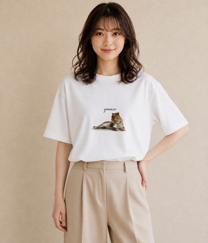 半袖Tシャツ レディース ぶち猫 猫 ねこ イラスト 普段使い お揃い 親子 白T YMAZO