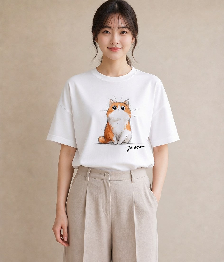 デザインTシャツ レディース マンチカン 猫 ねこ イラスト レトロ 綿100 デート 白T YMAZO