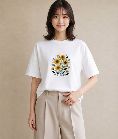 グラフィックTシャツ レディース ひまわり 向日葵 花 花柄 イラスト ミニマル 秋コーデ おしゃれギフト 白T