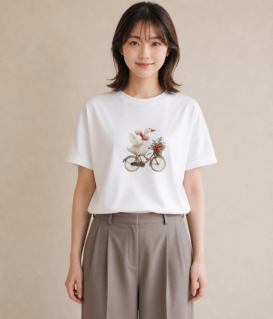 半袖Tシャツ レディース 自転車のかご 自転車 花かご ナチュラル アンティーク イラスト カフェコーデ 親子 20代 白T YMAZO