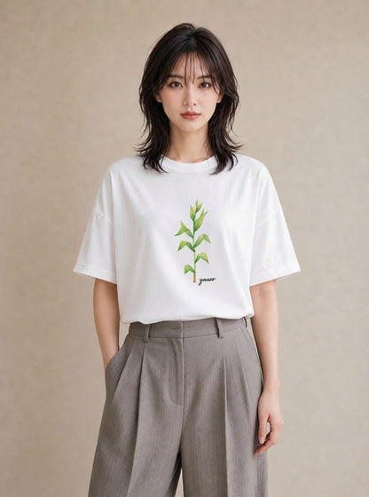 グラフィックTシャツ レディース 芝生 植物 ボタニカル イラスト ナチュラル ラフ レイヤード 白T YMAZO