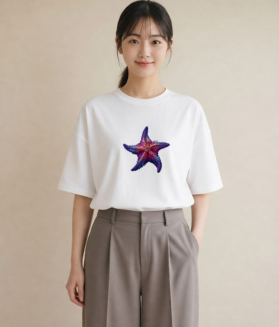 Tシャツ レディース ヒトデ 海の生き物 海 イラスト きれいめ カジュアルコーデ 買い物 白T YMAZO
