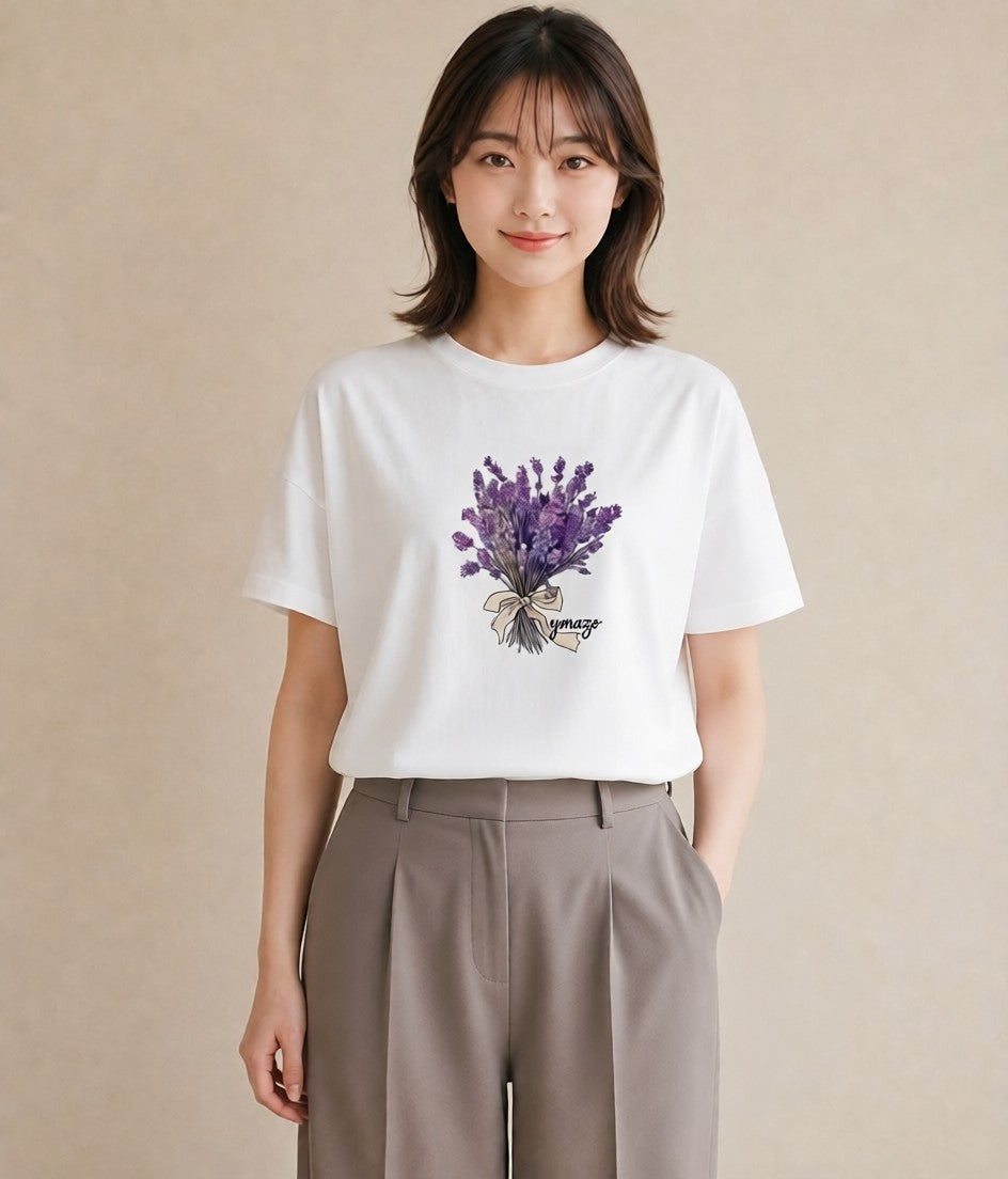 グラフィックTシャツ レディース ラベンダー 花 花柄 イラスト カフェコーデ クリスマス 旅行 白T YMAZO