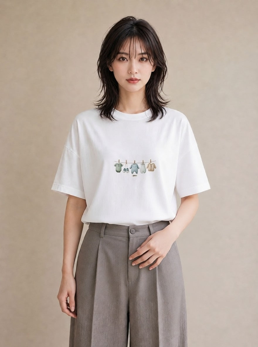 Tシャツ レディース 洗濯物 風 ナチュラル アンティーク イラスト 旅行用 海 白T YMAZO