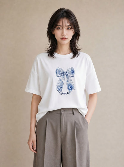 プリントTシャツ レディース レースハンカチ レース ハンカチ ナチュラル アンティーク イラスト 淡色 友達ギフト 部屋着 白T YMAZO