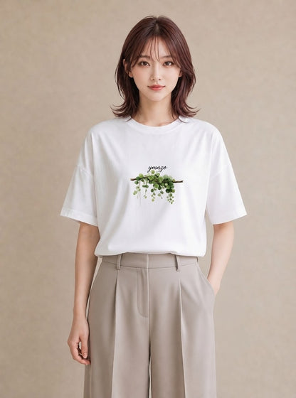 半袖Tシャツ レディース 苔 植物 ボタニカル イラスト モード カジュアルコーデ 買い物 白T YMAZO