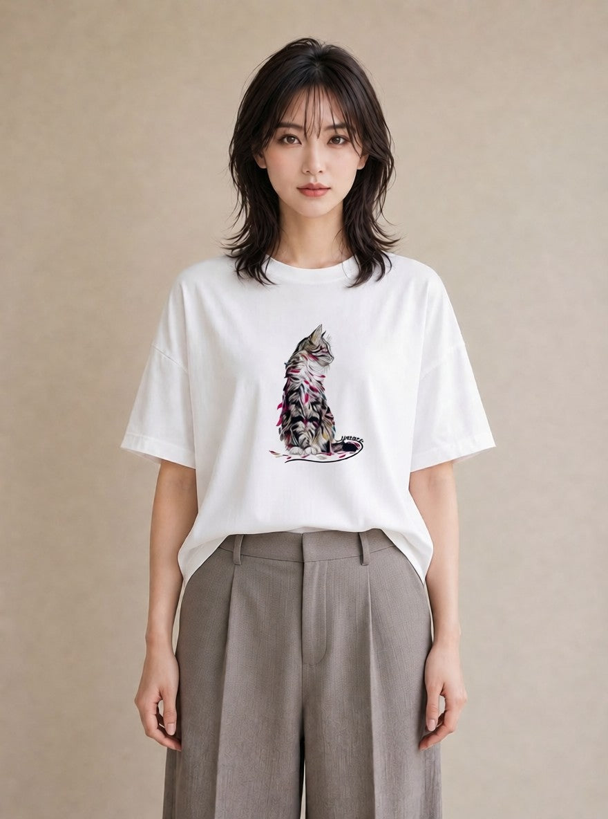 Tシャツ レディース メインクーン 猫 ねこ イラスト 可愛い 部屋着 女性向けギフト 白T YMAZO