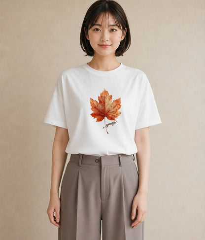 グラフィックTシャツ レディース 落ち葉 植物 ボタニカル イラスト 抜け感 休日 ペアコーデ 白T YMAZO