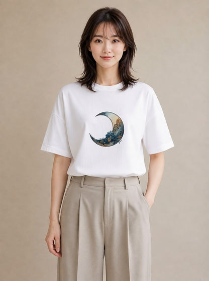 プリントTシャツ レディース 満月 星空 宇宙 イラスト モード 散歩 お出かけ 白T YMAZO