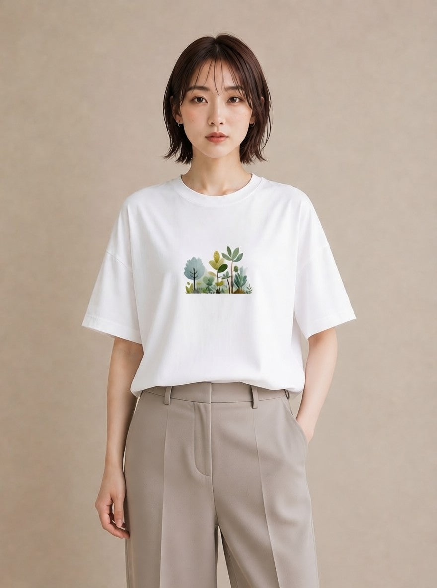 半袖Tシャツ レディース 森 植物 ボタニカル イラスト ラフ 母の日 ビーチ 白T YMAZO