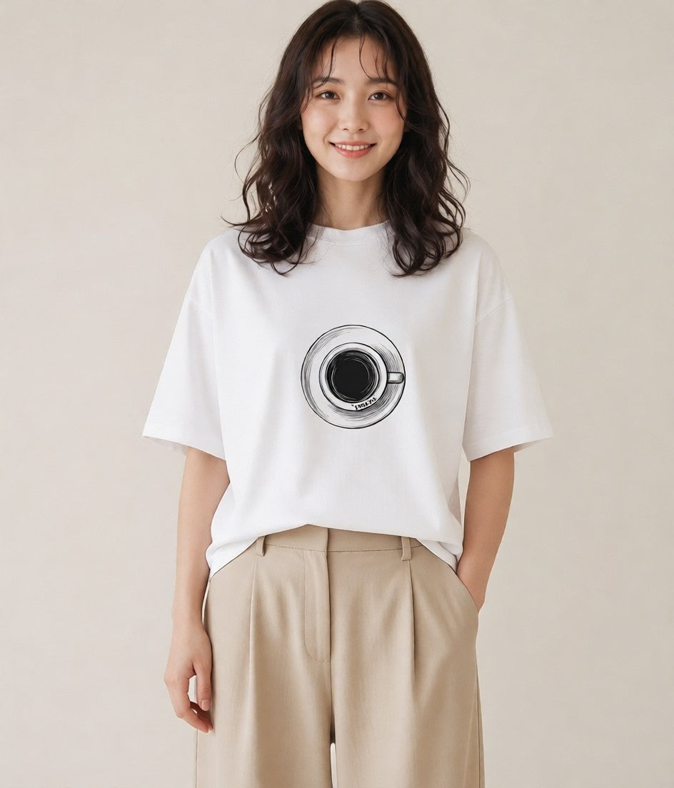 デザインTシャツ レディース コーヒー カフェ 珈琲 イラスト 線画 買い物 夏コーデ 白T YMAZO