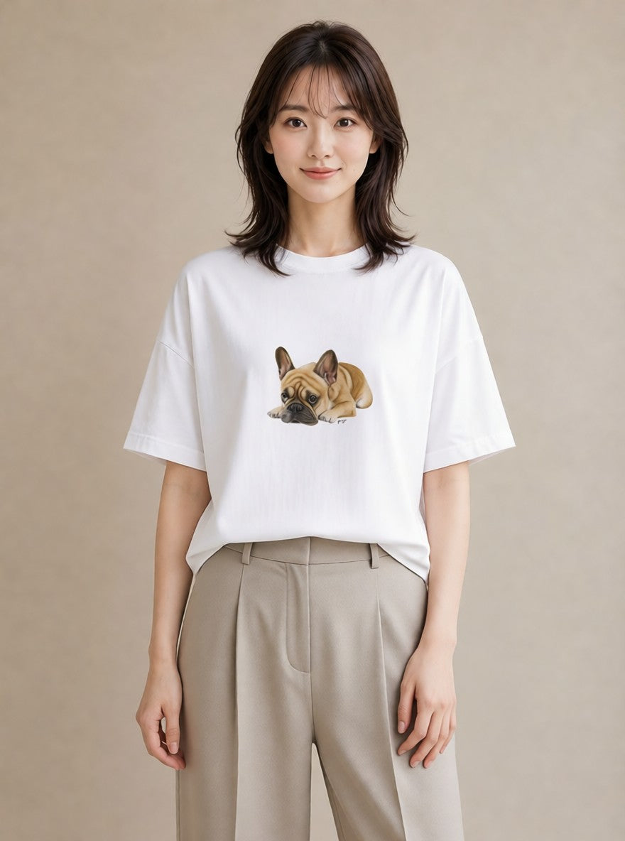 デザインTシャツ レディース フレンチブルドッグ フレブル 犬 いぬ イラスト カフェコーデ 誕生日プレゼント 綿100 白T YMAZO