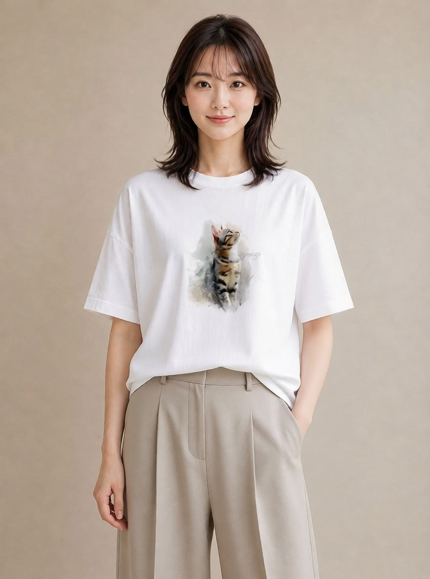 プリントTシャツ レディース 三毛猫 みけねこ 三毛 猫 ねこ イラスト 可愛い お揃い 親子 白T YMAZO