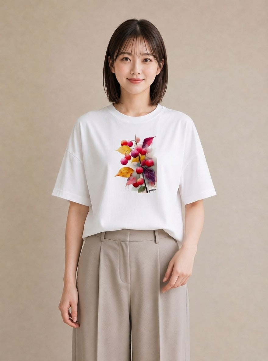 デザインTシャツ レディース 木の実 植物 ボタニカル イラスト カフェコーデ 買い物 夏コーデ 白T YMAZO