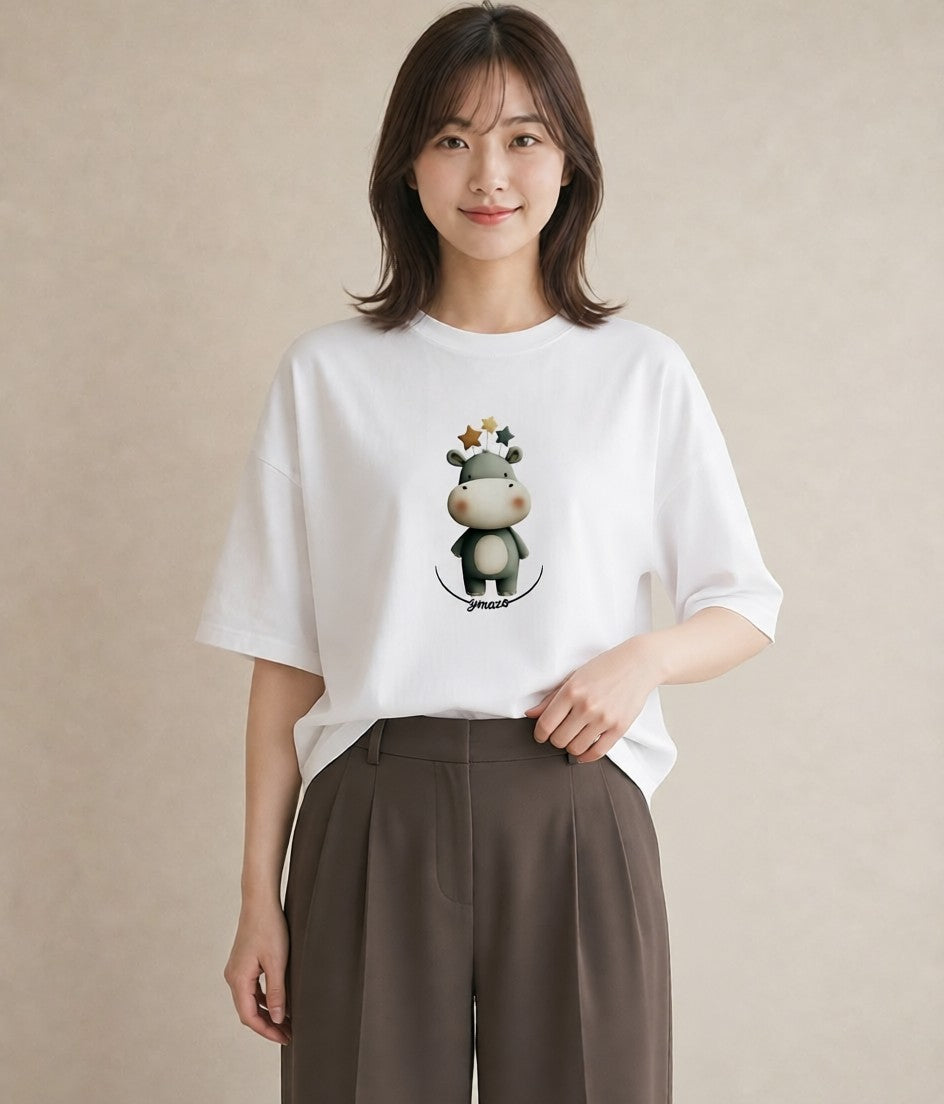 半袖Tシャツ レディース サイ 動物 アニマル イラスト きれいめカジュアル 海 カフェ巡り 白T YMAZO