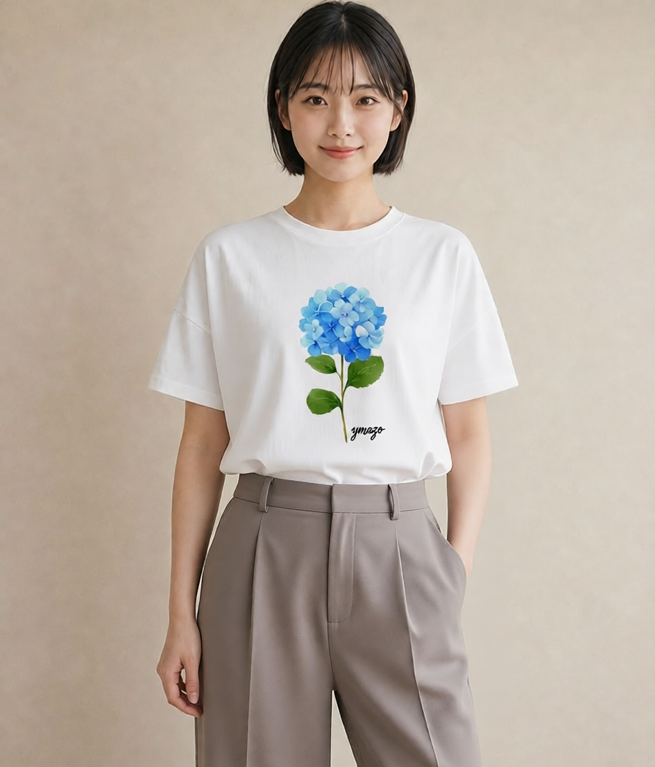 プリントTシャツ レディース あじさい 紫陽花 アジサイ 花 花柄 イラスト ニュアンス ラフ レイヤード 白T