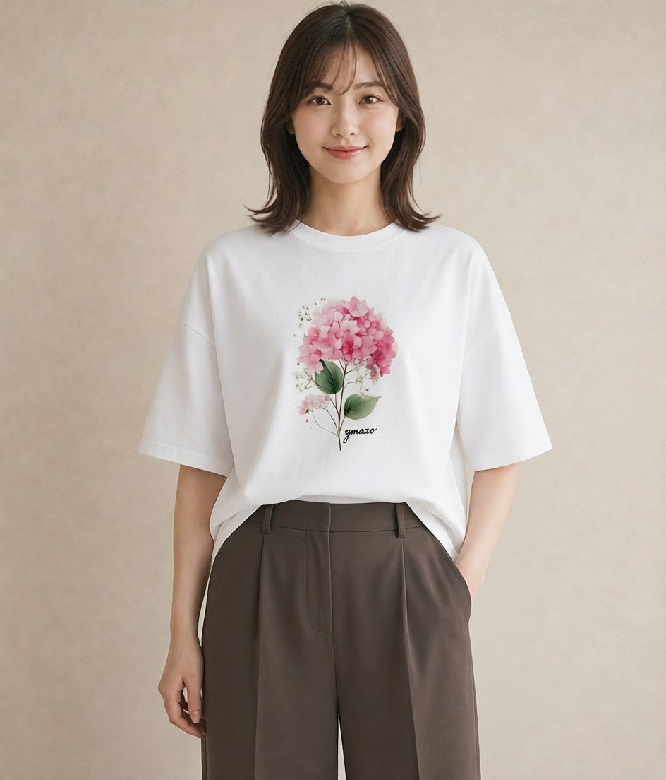 半袖Tシャツ レディース あじさい 紫陽花 アジサイ 花 花柄 イラスト シック 夏コーデ 通学 白T YMAZO