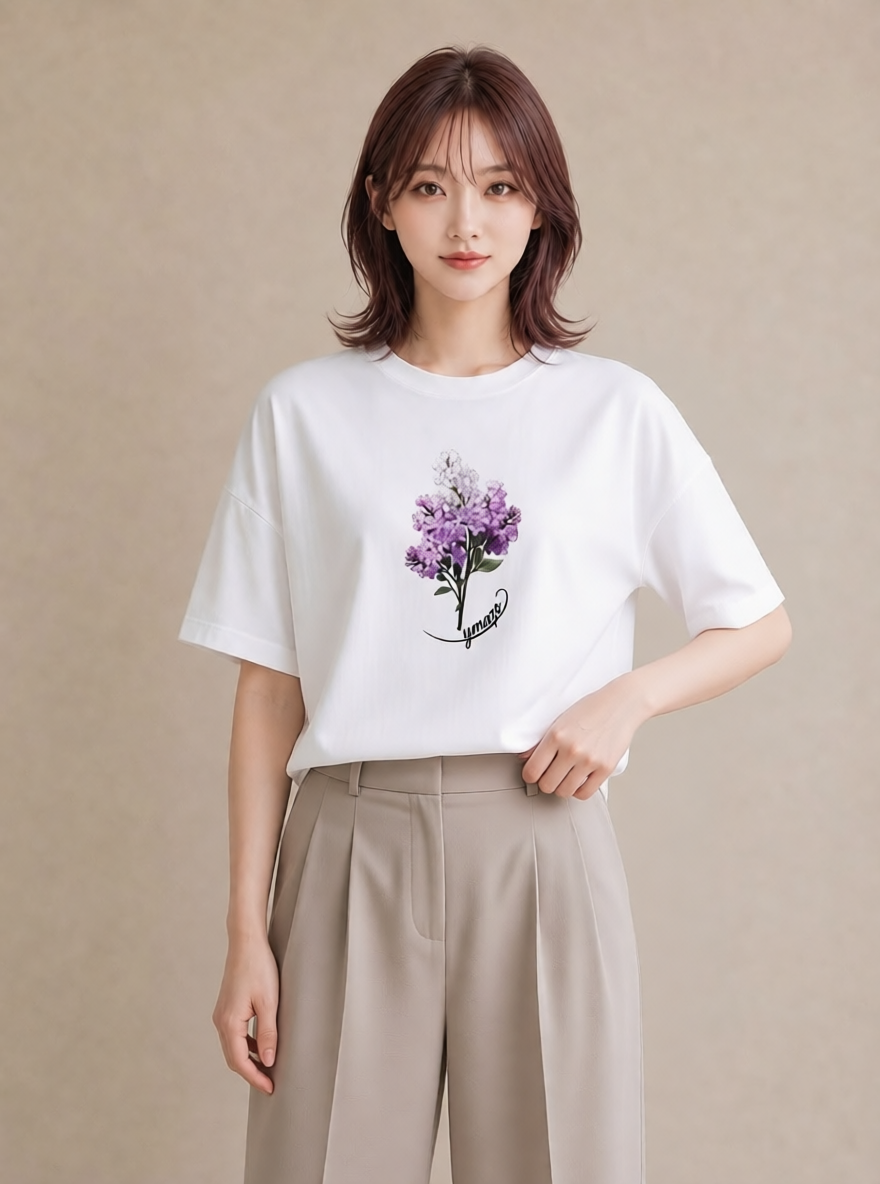 プリントTシャツ レディース ラベンダー 花 花柄 イラスト ガーリー 春服 ミセス 白T YMAZO