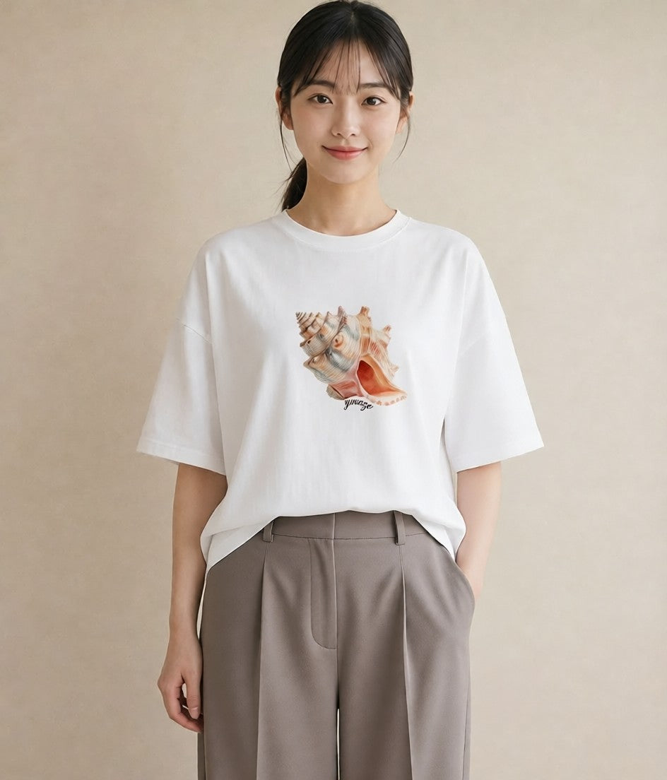 半袖Tシャツ レディース 貝 海の生き物 海 イラスト 普段使い カフェ巡り 白T YMAZO