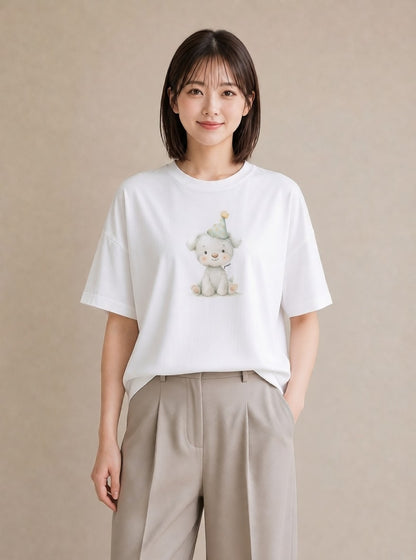 グラフィックTシャツ レディース 子犬 犬 いぬ イラスト きれいめカジュアル 自分用 ルームウェア 白T YMAZO