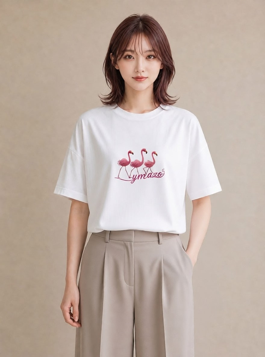 Tシャツ レディース フラミンゴ 動物 アニマル イラスト モード 通勤 在宅 白T YMAZO