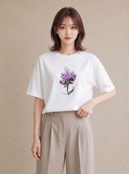 プリントTシャツ レディース ラベンダー 花 花柄 イラスト ガーリー 春服 ミセス 白T