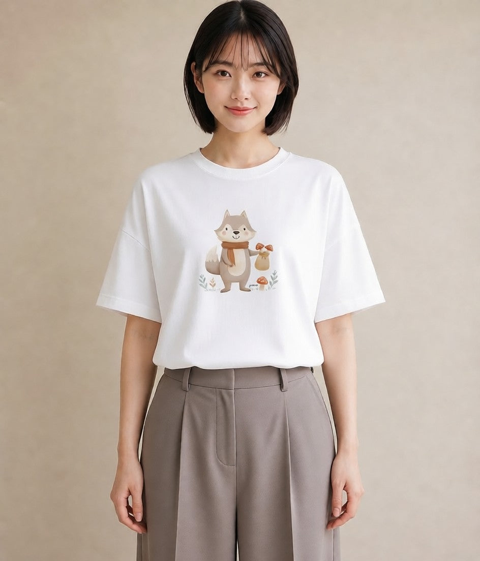 プリントTシャツ レディース きつね 動物 アニマル イラスト 水彩風 クリスマス 旅行 白T YMAZO