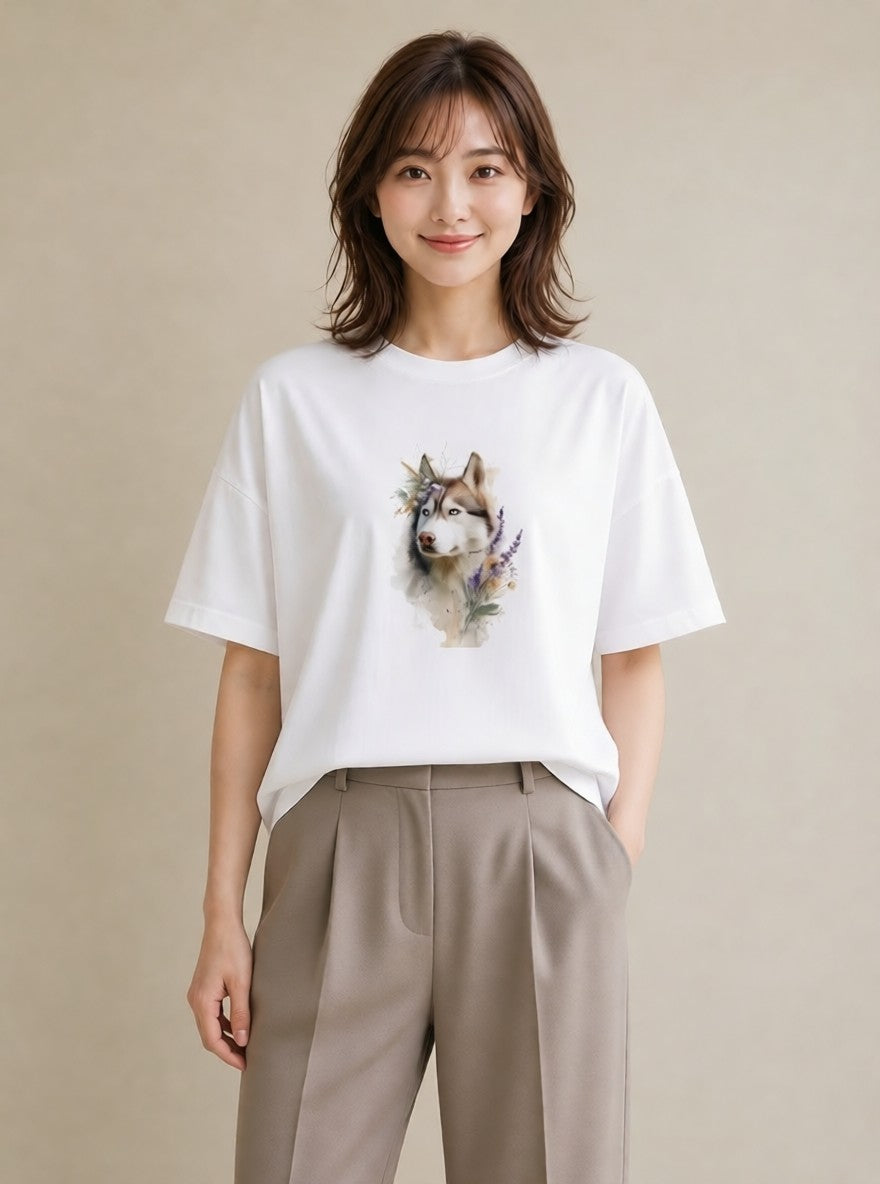Tシャツ レディース シベリアンハスキー 犬 いぬ イラスト 休日コーデ 送別ギフト 通勤 白T YMAZO