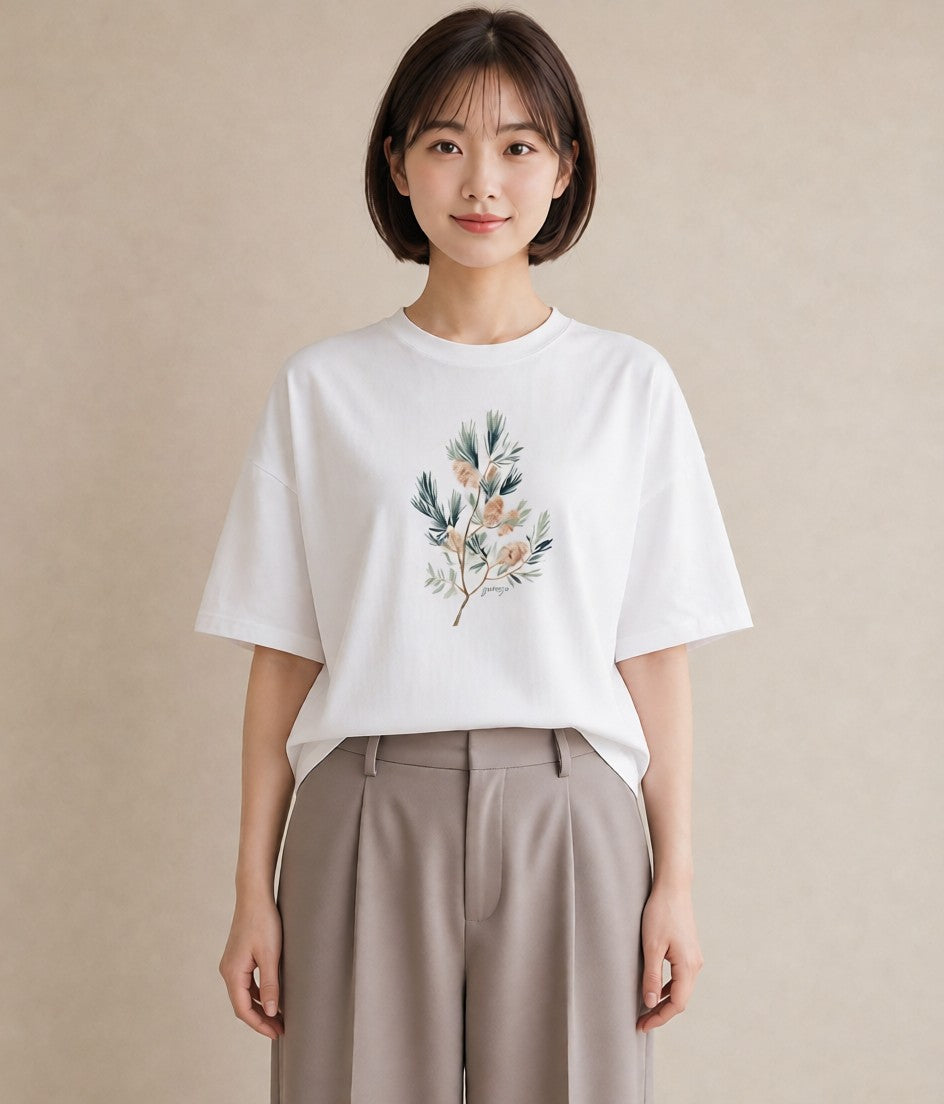 デザインTシャツ レディース 松ぼっくり 植物 ボタニカル イラスト 淡色 おしゃれギフト 社会人 白T YMAZO
