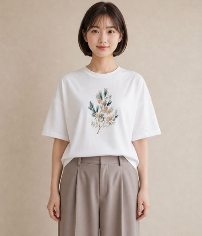 デザインTシャツ レディース 松ぼっくり 植物 ボタニカル イラスト 淡色 おしゃれギフト 社会人 白T YMAZO