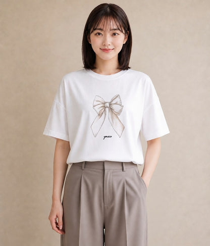 半袖Tシャツ レディース リボン ボウ りぼん イラスト ラフカジュアル 春コーデ 姉妹 白T YMAZO