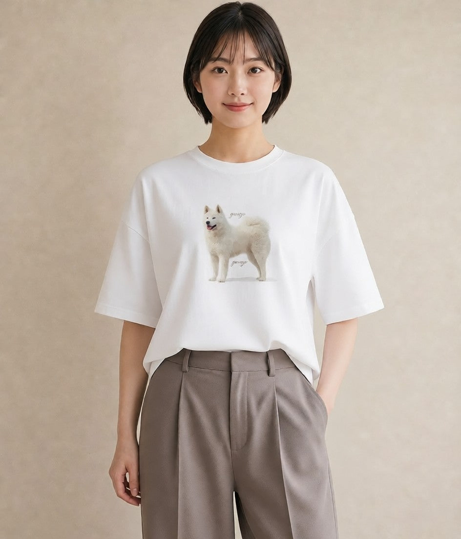 デザインTシャツ レディース サモエド 犬 いぬ イラスト 夏コーデ 通学 白T YMAZO