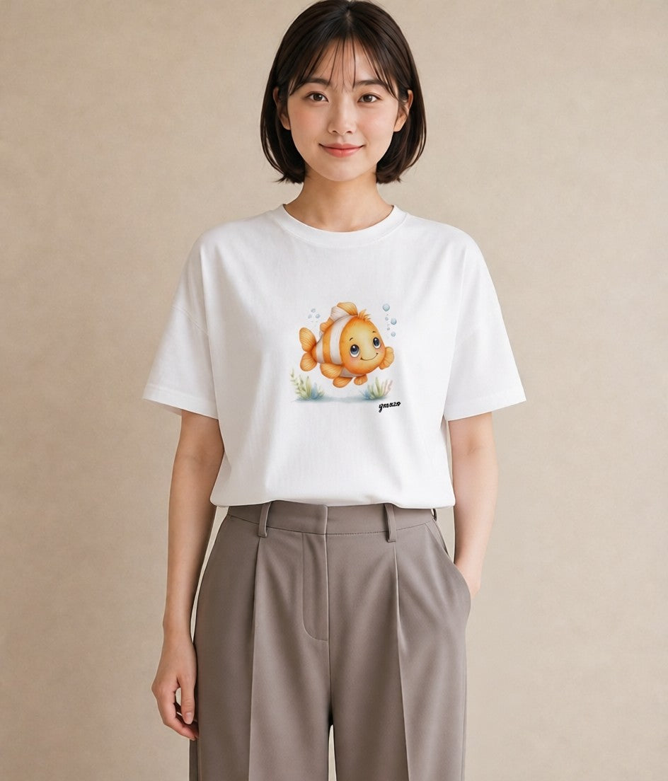 Tシャツ レディース 金魚 ペット 動物 イラスト 韓国風 女性 旅行用 白T YMAZO