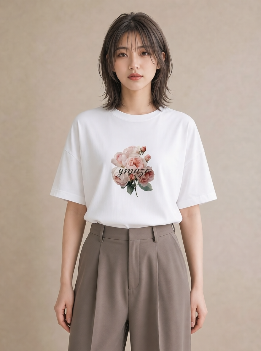 半袖Tシャツ レディース バラ 薔薇 ローズ 花 花柄 イラスト こなれ感 部屋着 女性向けギフト 白T YMAZO