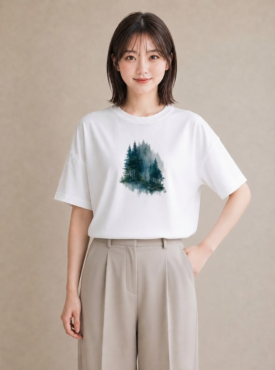 グラフィックTシャツ レディース 青の水彩 風景 ブルー ナチュラル アンティーク イラスト アート風 旅行用 海 白T YMAZO