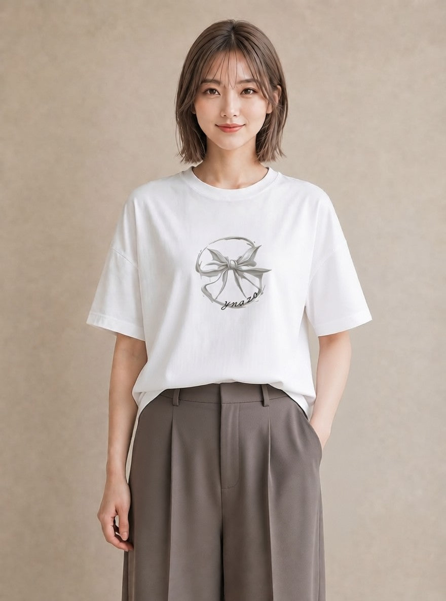 Tシャツ レディース リボン ボウ りぼん イラスト ボタニカル 敬老の日 ホワイトデー 白T YMAZO
