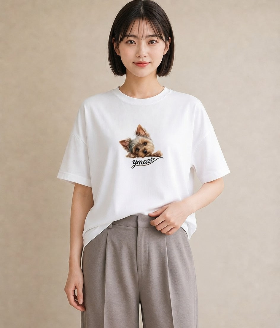 Tシャツ レディース ヨークシャーテリア 犬 いぬ イラスト 韓国風 ラフ レイヤード 白T YMAZO