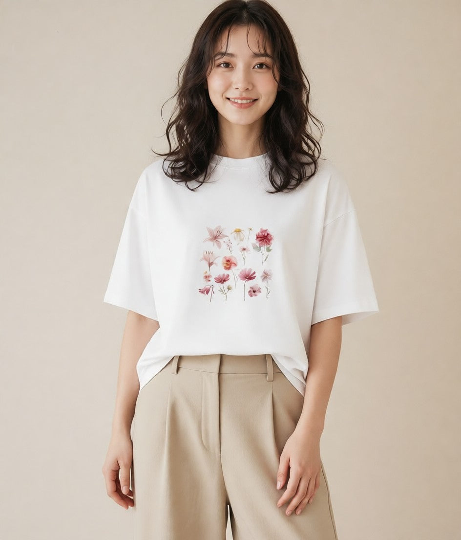 プリントTシャツ レディース コスモス 秋桜 花 花柄 イラスト 韓国風 部屋着 女性向けギフト 白T