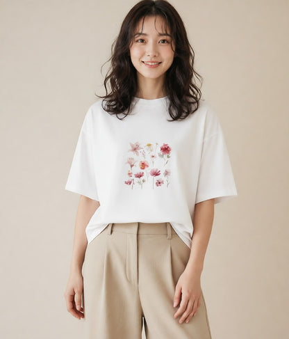プリントTシャツ レディース コスモス 秋桜 花 花柄 イラスト 韓国風 部屋着 女性向けギフト 白T