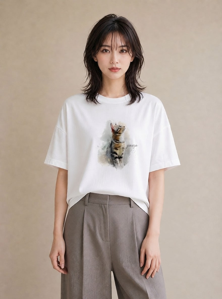 デザインTシャツ レディース 猫 ねこ イラスト 休日コーデ ペアコーデ 秋コーデ 白T YMAZO