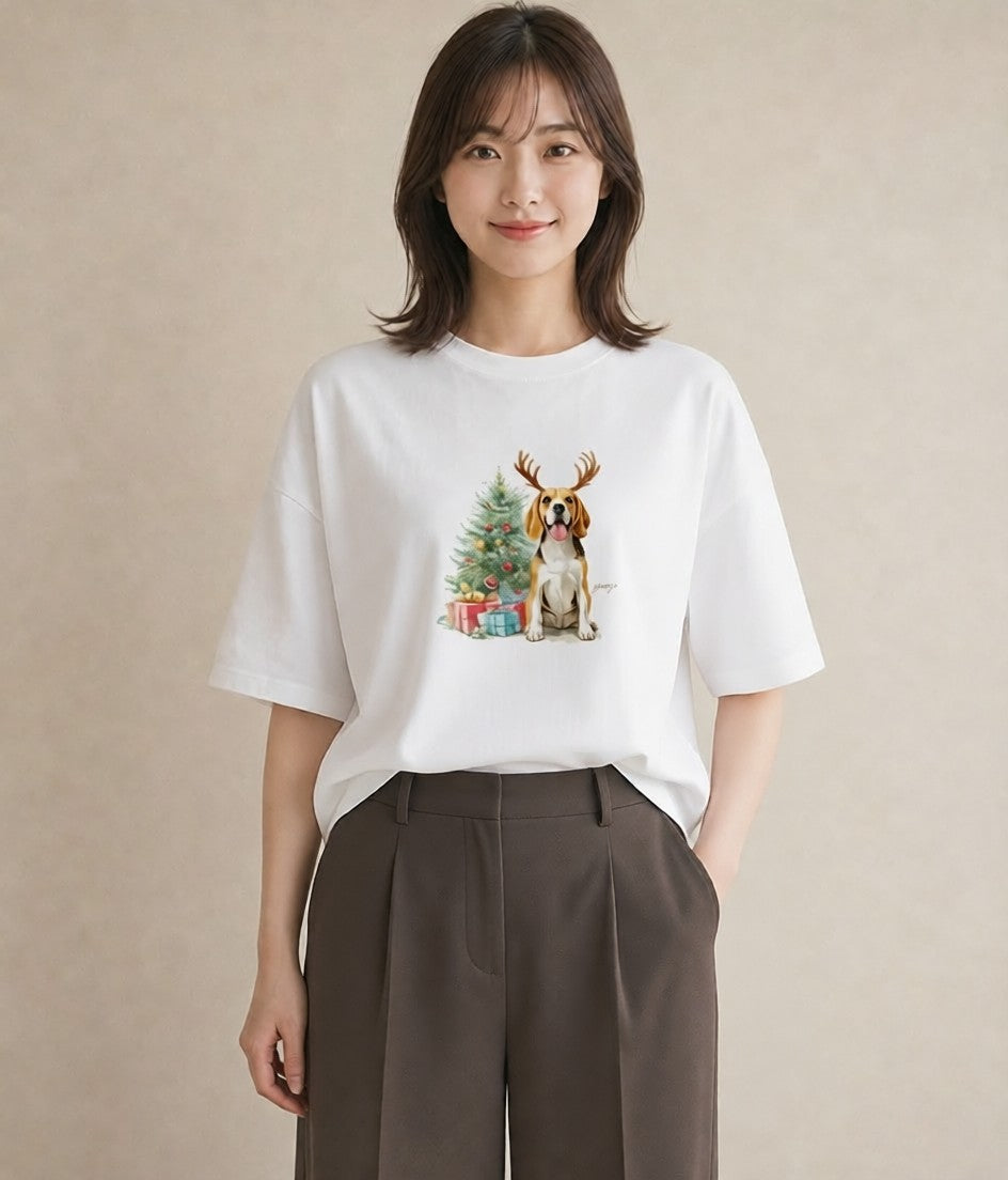プリントTシャツ レディース ビーグル 犬 いぬ イラスト ラフカジュアル 旅行用 海 白T YMAZO