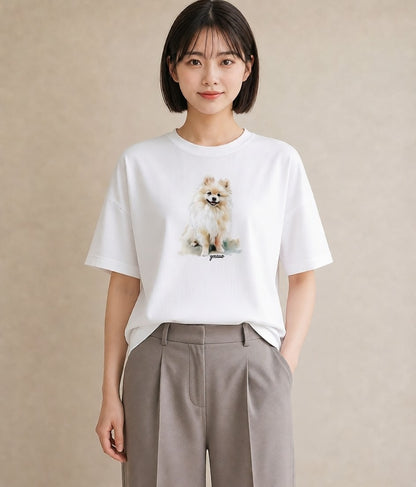 デザインTシャツ レディース ポメラニアン ポメ 犬 いぬ イラスト 休日コーデ お揃い 親子 白T YMAZO