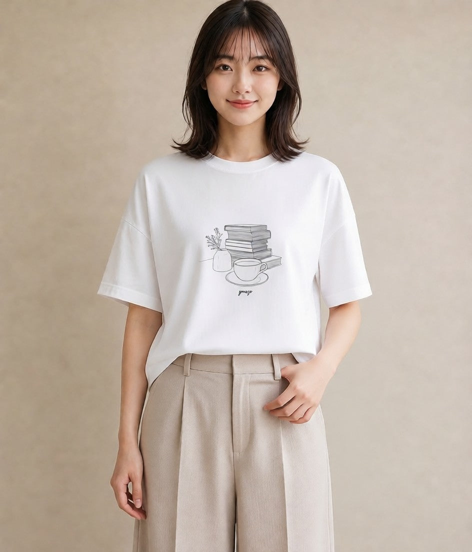 Tシャツ レディース 本 読書 ブック イラスト レトロ 旅行用 海 白T YMAZO