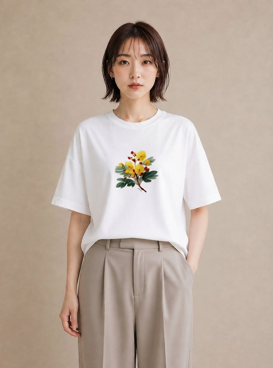 プリントTシャツ レディース ミモザ 花 花柄 イラスト ラフカジュアル カフェ服 クリスマス 白T